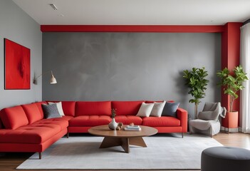 Red modular corner sofa against the blank brown stucco wall, offering ample copy space for your creative touch