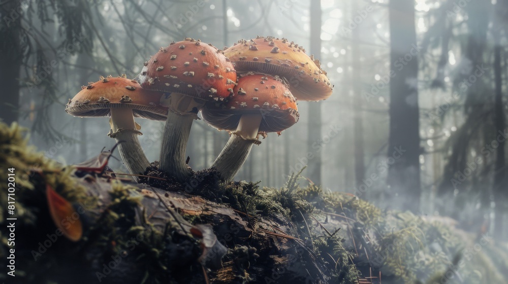 Poster mushrooms with large caps growing on a decaying log, with a misty forest background providing a myst