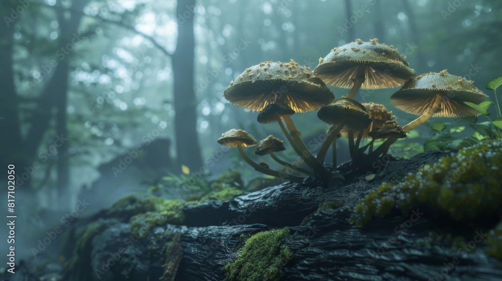 Poster mushrooms with large caps growing on a decaying log, with a misty forest background providing a myst