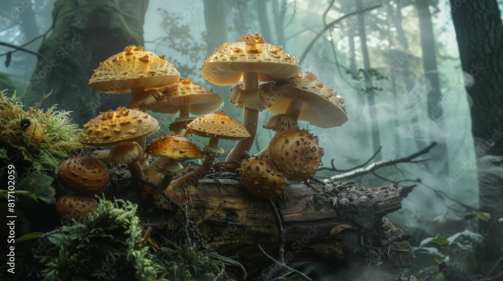Poster mushrooms with large caps growing on a decaying log, with a misty forest background providing a myst