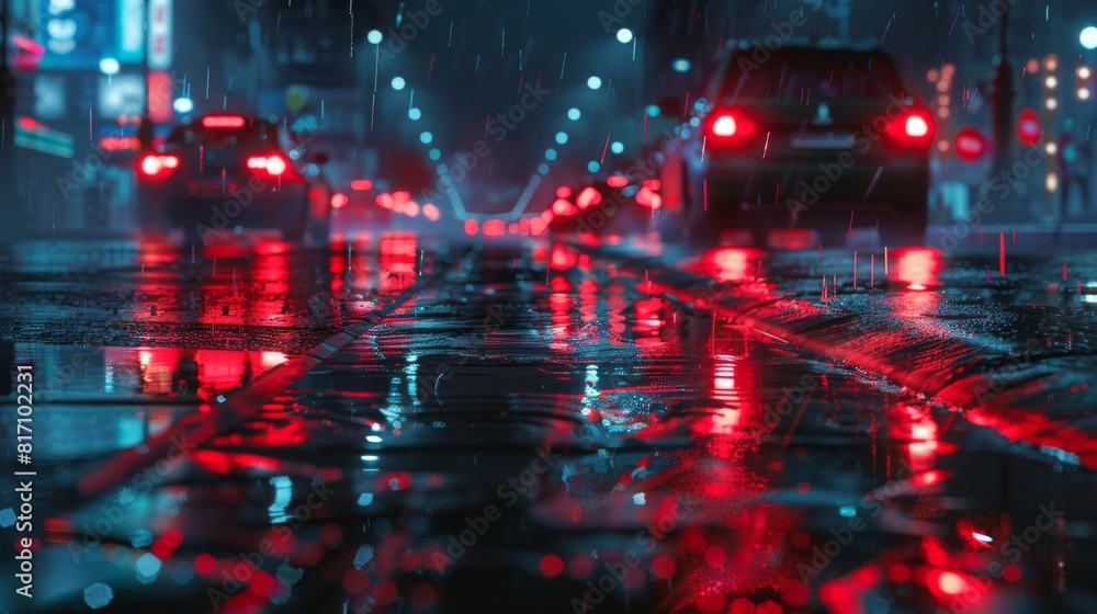 Poster nighttime scene with traffic lights glowing red, illuminating the wet pavement after a rainstorm.