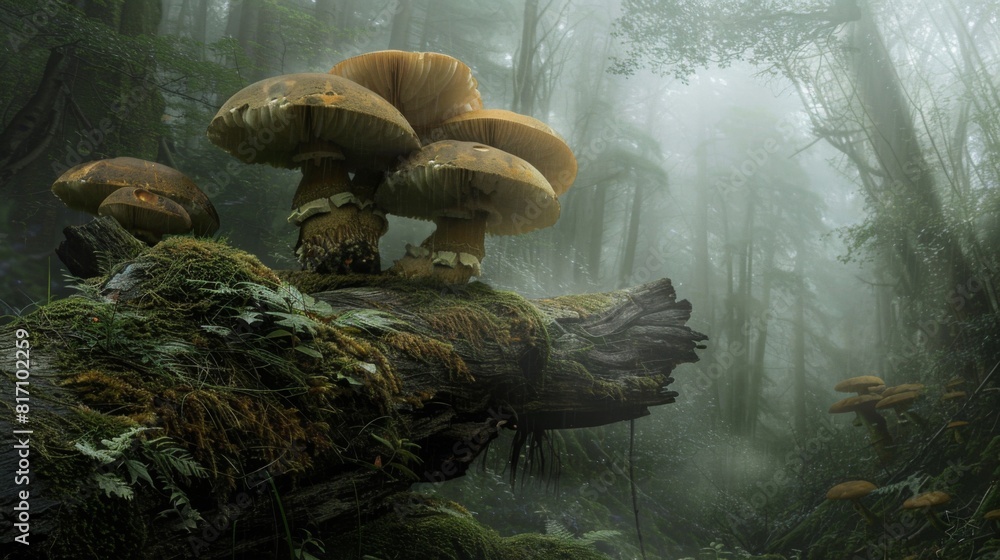 Poster mushrooms with large caps growing on a decaying log, with a misty forest background providing a myst