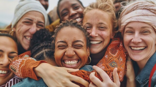 group of friends hugging happy outdoors. biodiversity concept