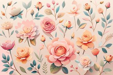 Peach rose flower watercolor seamless pattern