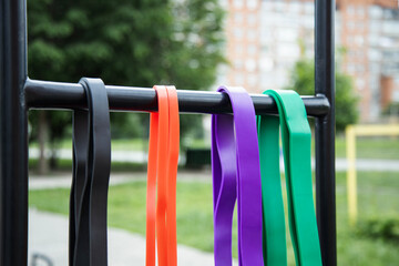  set of colorful elastic fitness bands . fitness trend for home workouts.