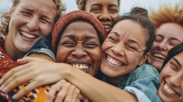 group of friends hugging happy outdoors. biodiversity concept, ethnic groups, culture, social, lgbt