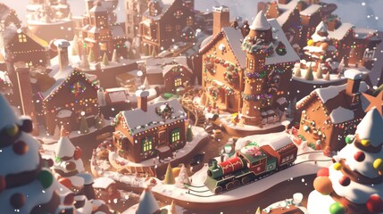 Enchanting 3D Rendered Gingerbread Village with Train Under Snowy Christmas Night