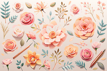 Peach rose flower watercolor seamless pattern