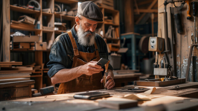 Carpenter man using mobile phone while working in a workshop - Powered by Adobe