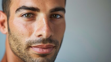 Obraz premium Portrait of a man with clear, blemish-free skin confidently facing the camera, showcasing his natural beauty.