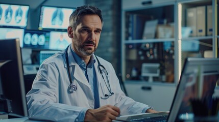 Obraz premium Doctor in office working on laptop, Doctor having video call with his colleagues