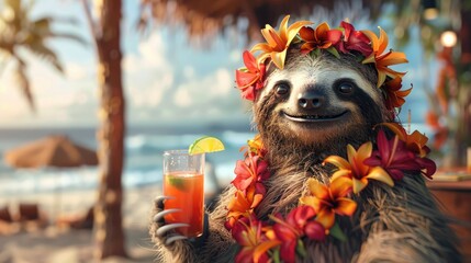 Summer background, A Sloth with hawaiian costume tropical palm and beach background, Generative AI