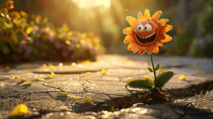 A smiling flower is surrounded by flowers and leaves on the cracked road