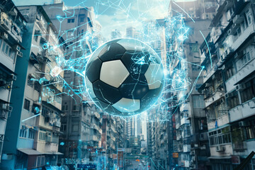 Futuristic soccer ball with blue energy lines floating in urban environment