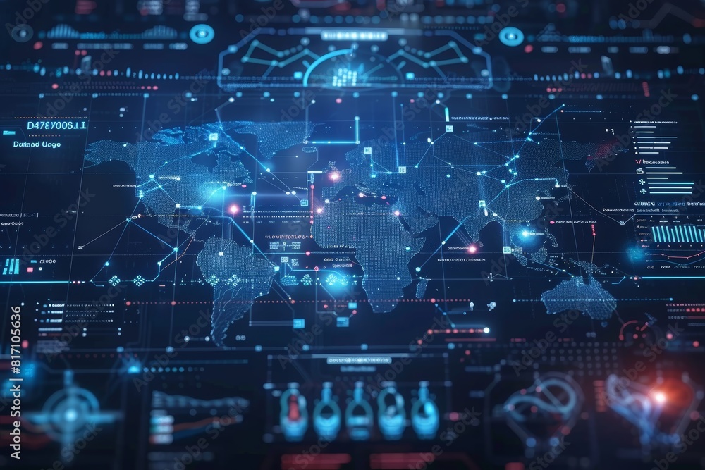Poster Futuristic Digital Interface Displaying Global Network Connectivity and Digital Transformation Insights