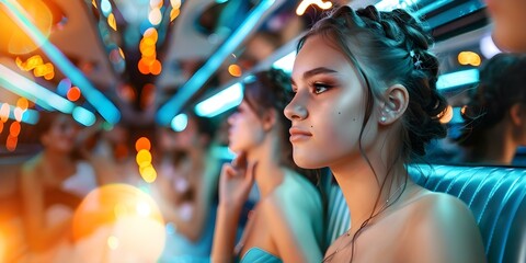 Intoxicated students partying in limo at prom. Concept Prom Night, Limo Party, Underage Drinking, Teenage Recklessness, High School Drama