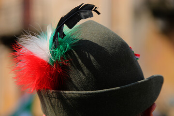 hat with the black feather typical of the uniform of the Alpini mountain troops of the Italian Army...