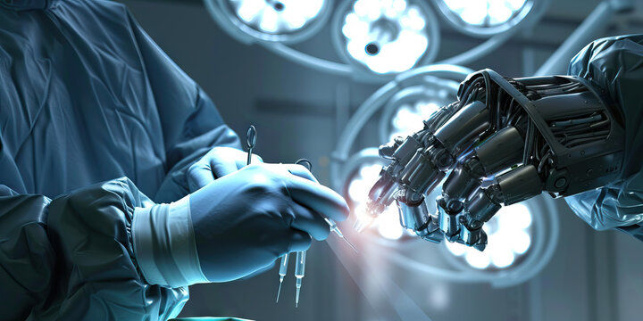  A cyborg doctor performs delicate surgery their metal hands holding cutting scalpel patient.