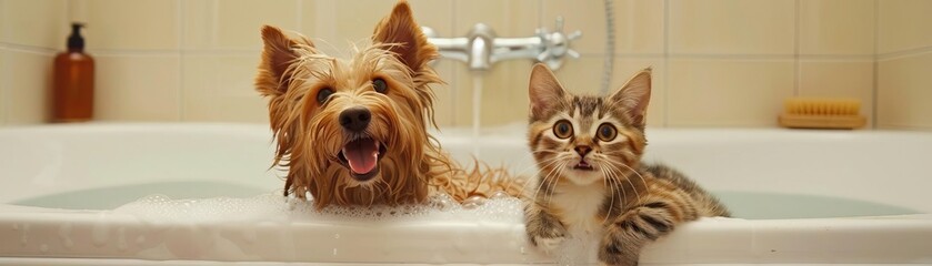 Cheerful dog and cat sharing a bathtub, with bubbles and playful expressions, set in a welllit bathroom for a delightful and charming scene