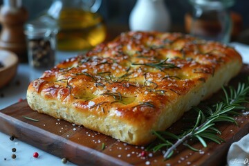 Focaccia: A loaf of focaccia bread with a golden crust, sprinkled with rosemary and sea salt, with visible olive oil glistening on the surface.