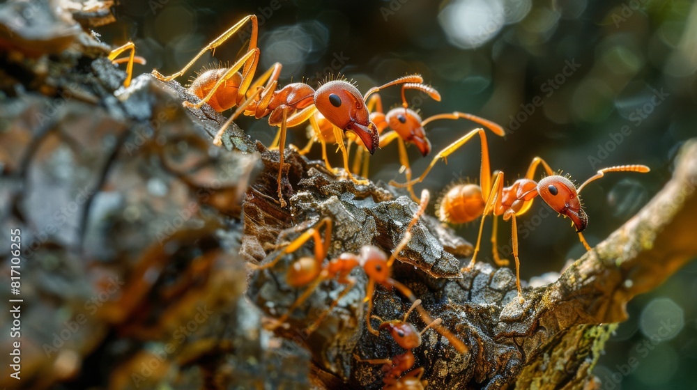 Poster Red ants building a nest in the branches of a tree, showcasing their complex and coordinated construction efforts.