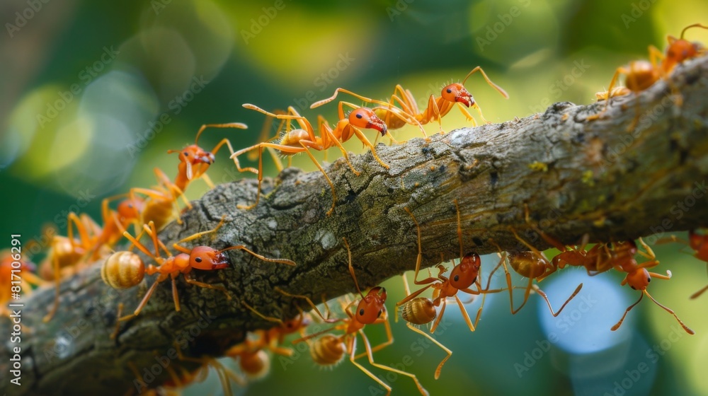 Aufkleber Red ants building a nest in the branches of a tree, showcasing their complex and coordinated construction efforts.