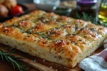 Focaccia: A loaf of focaccia bread with a golden crust, sprinkled with rosemary and sea salt, with visible olive oil glistening on the surface.