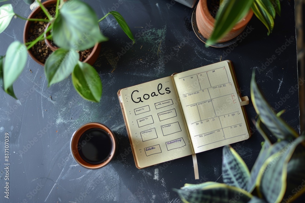 Poster organized workspace with goal-setting notebook and modern office tools