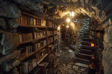 Enchanting Underground Bookstore with Hidden Doorway and Atmospheric Lanterns