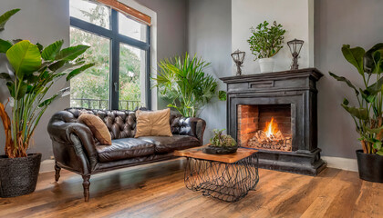 dise&ntilde;o salon con sofa y chimenea negros