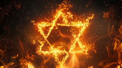 A Jewish Star of David symbol is burning fiercely against a stark black background