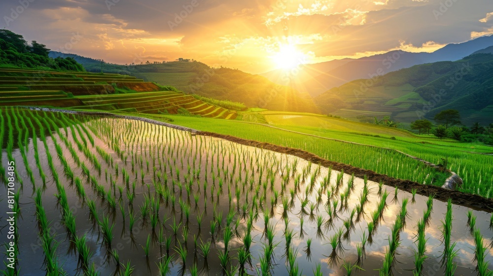 Poster Scenic view of rice fields reflecting the colors of the setting sun, creating a peaceful and tranquil atmosphere.
