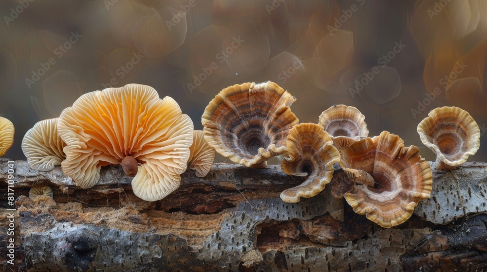 Poster shelf fungi in various stages of growth on a log, providing a detailed look at the lifecycle of thes