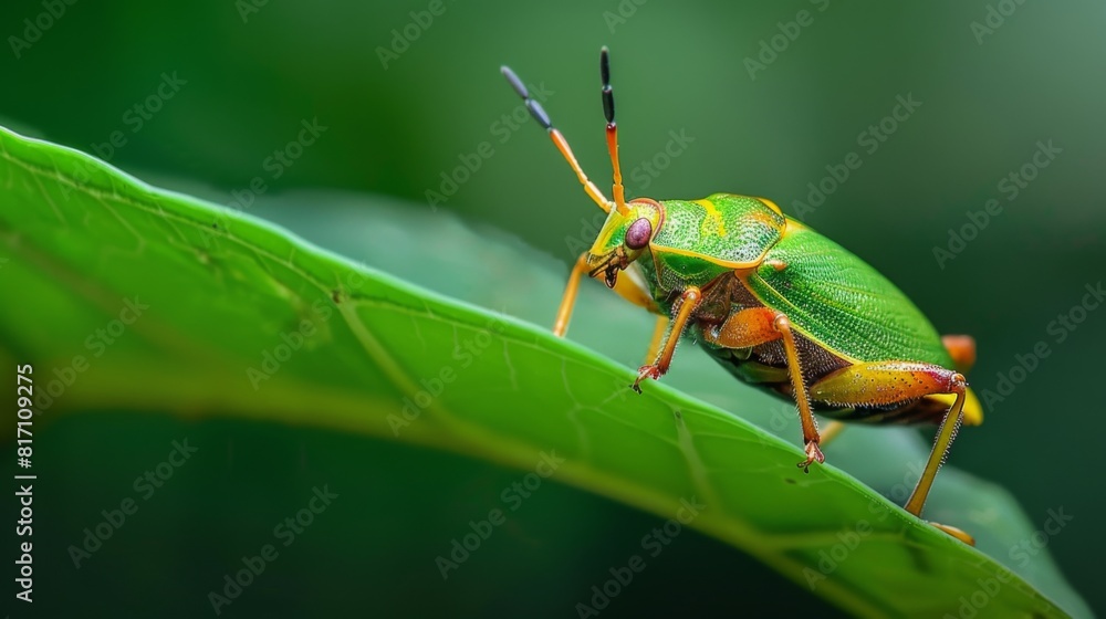 Poster Shield bug sitting on a leaf, displaying its distinctive shape and colors.