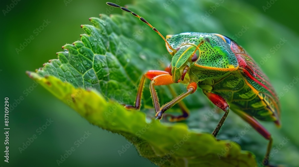 Poster Shield bug sitting on a leaf, displaying its distinctive shape and colors.