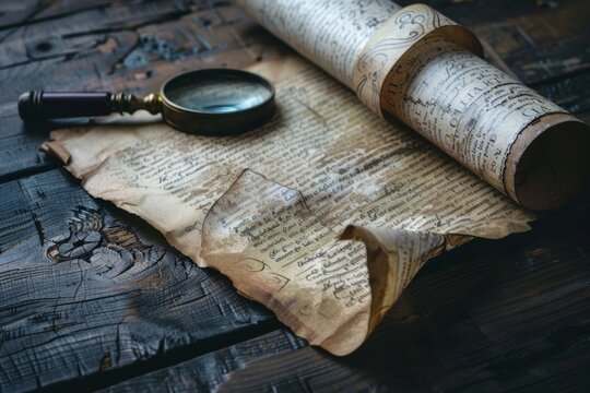 Unraveling Historical Truths: Ancient Scroll with Magnifying Glass on Wooden Table