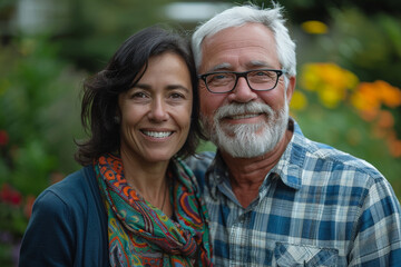 Fototapeta premium An older couple is standing together in a garden, smiling for a photo