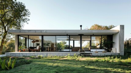 Fototapeta premium Side view of a minimalist-style house with floor-to-ceiling windows, allowing plenty of natural light to enter.