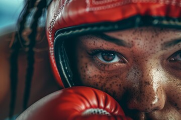 Intense Focus of a Determined Female Boxer Adjusting Her Headgear