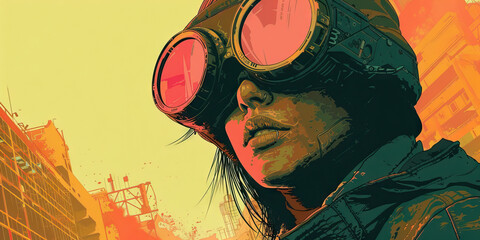 Emboldened by a Vintage Cyberpunk Aesthetic, an Unyielding Rebel Defiantly Marches through the Desolate Wasteland of a Dystopian Metropolis, Undeterred by the Bleak Surroundings that Surround Them