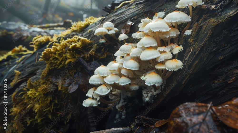 Poster small cluster of white mushrooms emerging from the bark of a fallen tree in a damp woodland setting.