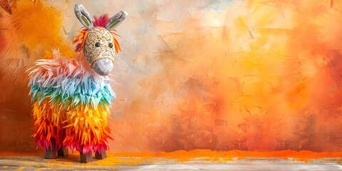 Colorful donkey pinata with papel picado decoration for Las Posadas celebration. Concept Mexican Tradition, Festive Decor, Las Posadas, Pinata Party, Papel Picado
