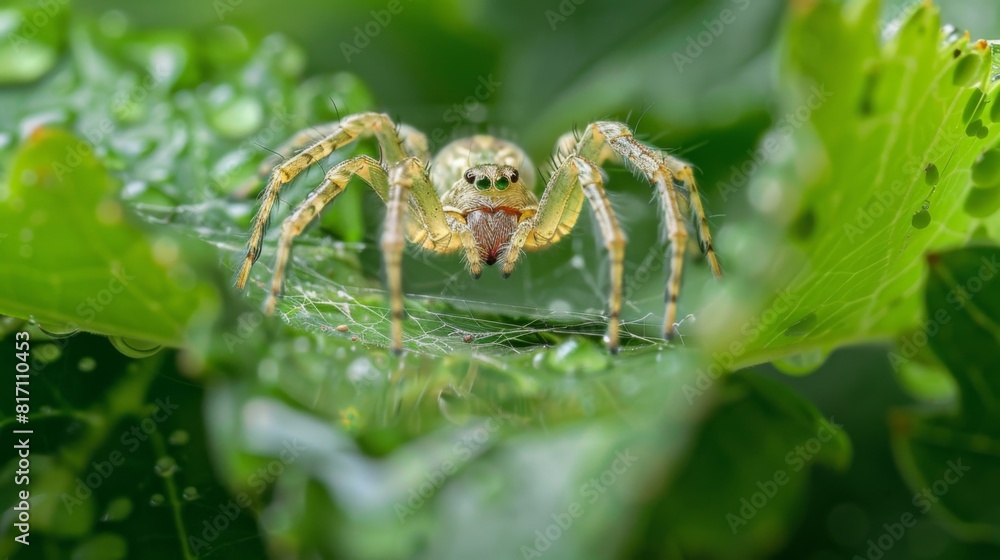 Poster small spider spinning a web between two leaves, showcasing its intricate craftsmanship.