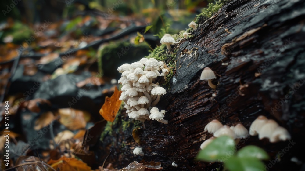 Poster small cluster of white mushrooms emerging from the bark of a fallen tree in a damp woodland setting.