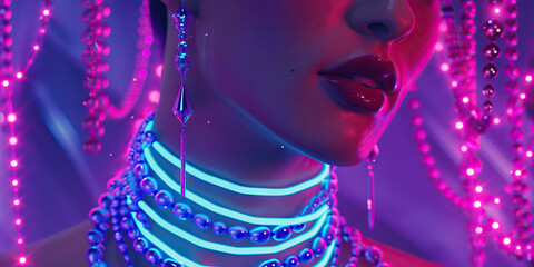 A synthwave artist, adorned in glowing neon jewelry, electrifies the dance floor, their movements syncopated with the pounding rhythm of the synth-soaked beats. 
