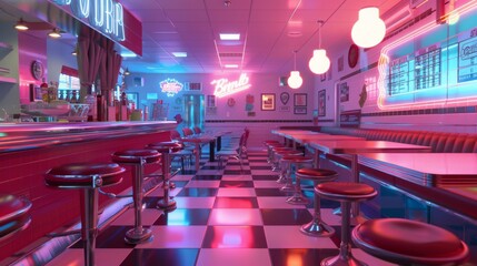 An empty retro-themed American diner at night featuring vibrant neon lights, classic decor, and checkered flooring, creating a nostalgic ambiance.