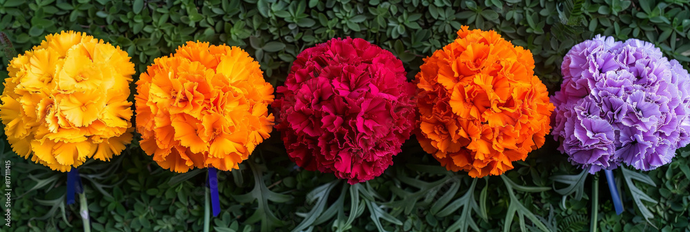 Poster a row of vibrant and colorful carnations is displayed against a solid green wall. the bright hues of