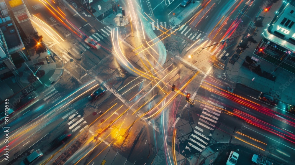 Poster Time-lapse effect of cars moving through an intersection with changing traffic lights, creating light trails.