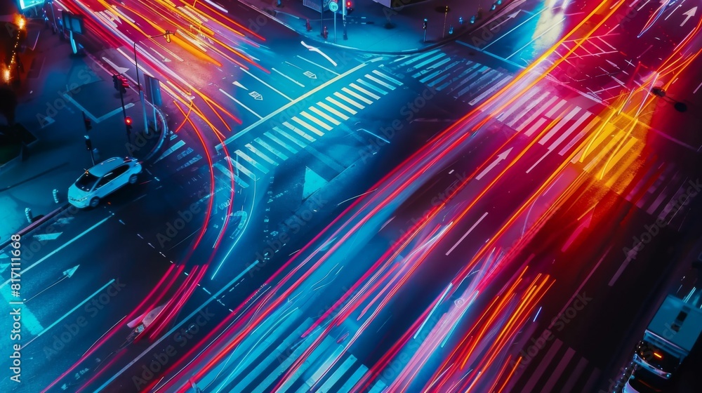 Poster Time-lapse effect of cars moving through an intersection with changing traffic lights, creating light trails.