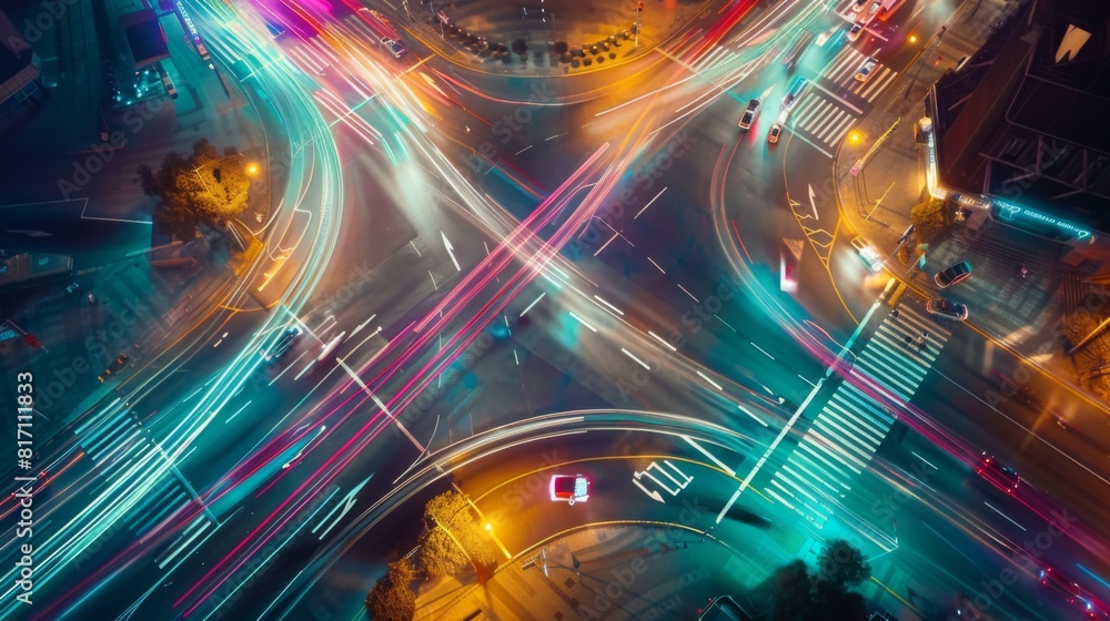 Poster time-lapse effect of cars moving through an intersection with changing traffic lights, creating ligh